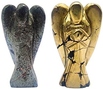 Aashita Creations Pyrite Golden & אבן האבן האפורה ריפוי קריסטל מלאך 2 אינץ '| אבן טבעית | אבן מחוספסת | אבן